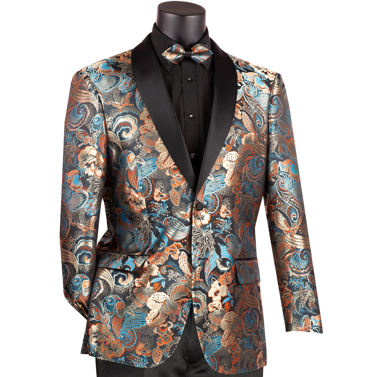 Floral Modern-Fit Shawl-Collar Metallic Tuxedo Jacket in Teal Blue