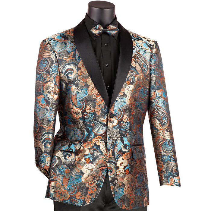 Floral Modern-Fit Shawl-Collar Metallic Tuxedo Jacket in Teal Blue