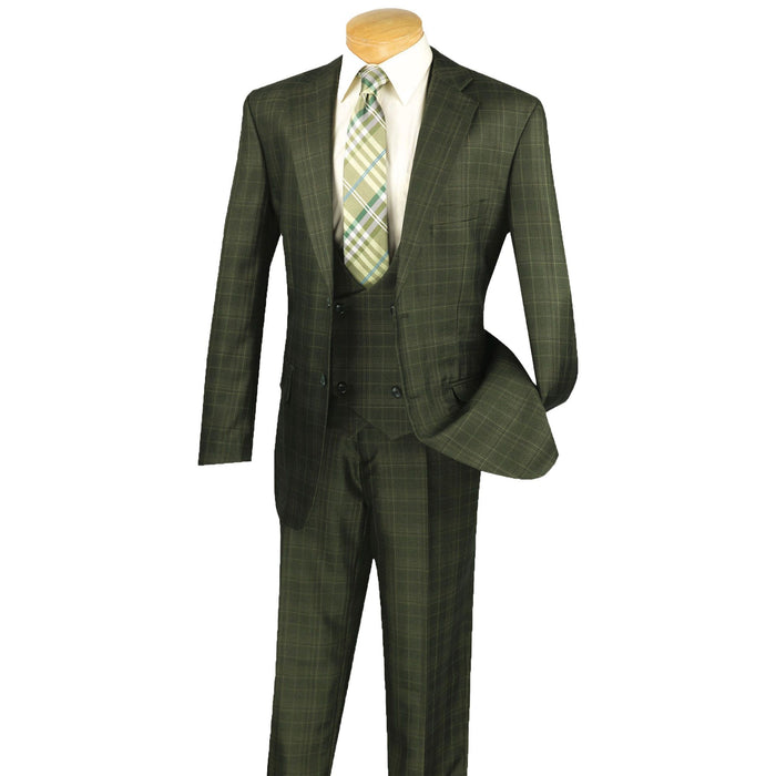 Sharkskin Glen Plaid 3-Piece Classic-Fit Suit in Olive Green