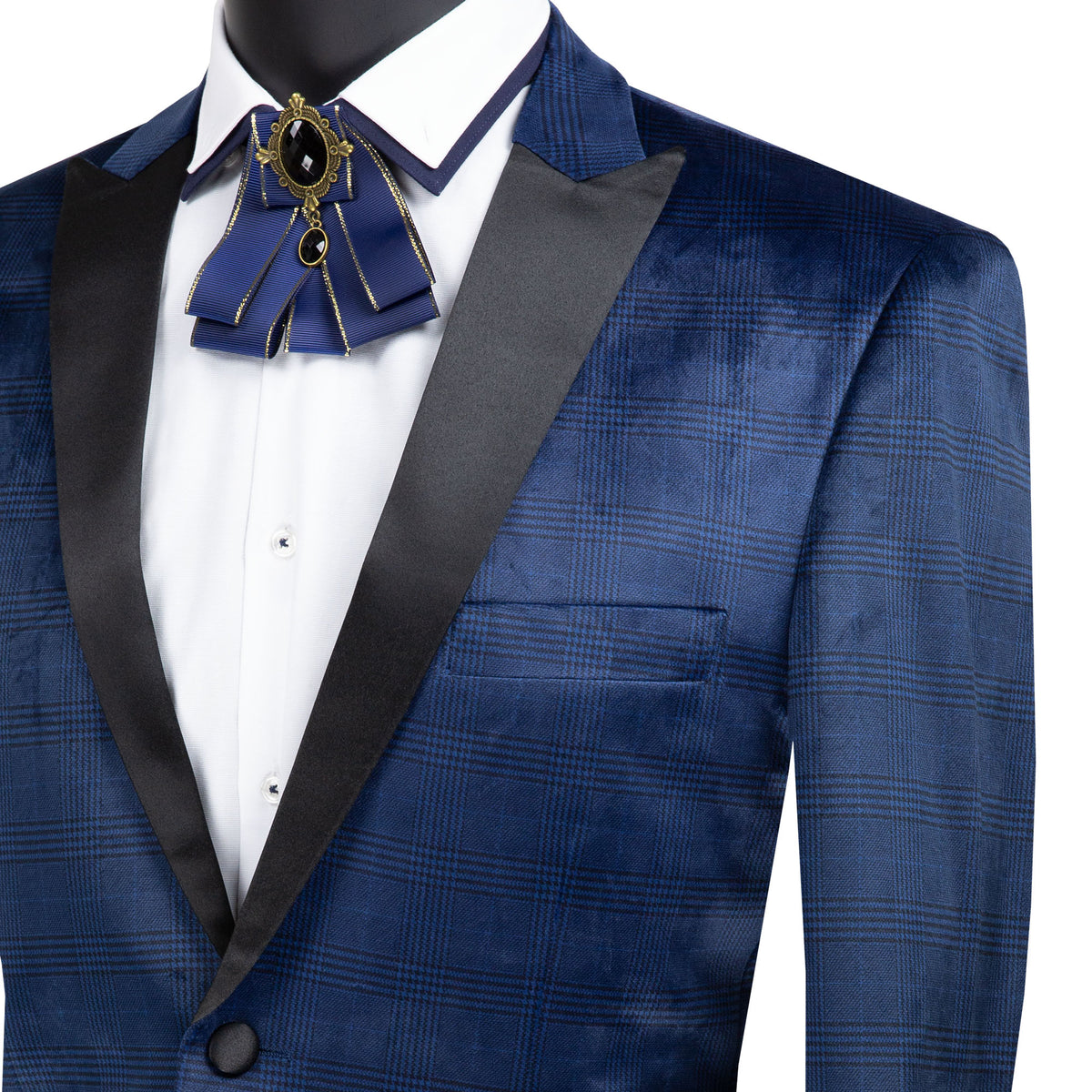 Glen Plaid Slim-Fit Velvet Tuxedo Jacket in Navy Blue