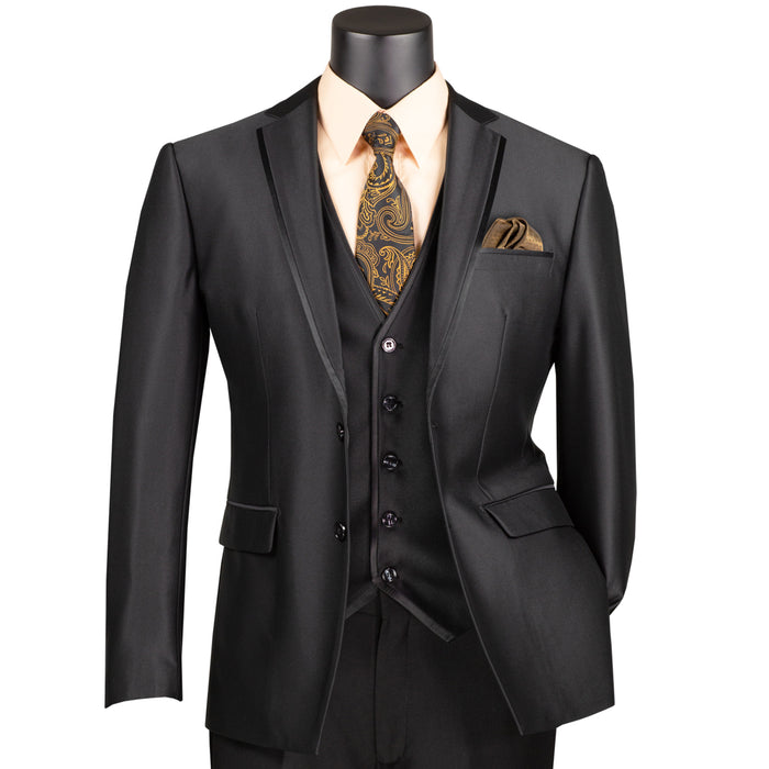 Satin 3-Piece 2-Button Slim-Fit Suit in Black