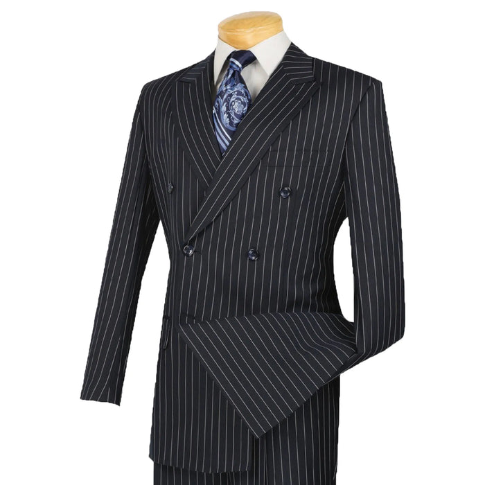 Gangster Pinstripe Double-Breasted Classic-Fit Suit in Navy Blue