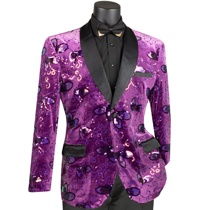Floral Sequins Velvet Slim-Fit Tuxedo Jacket in Purple