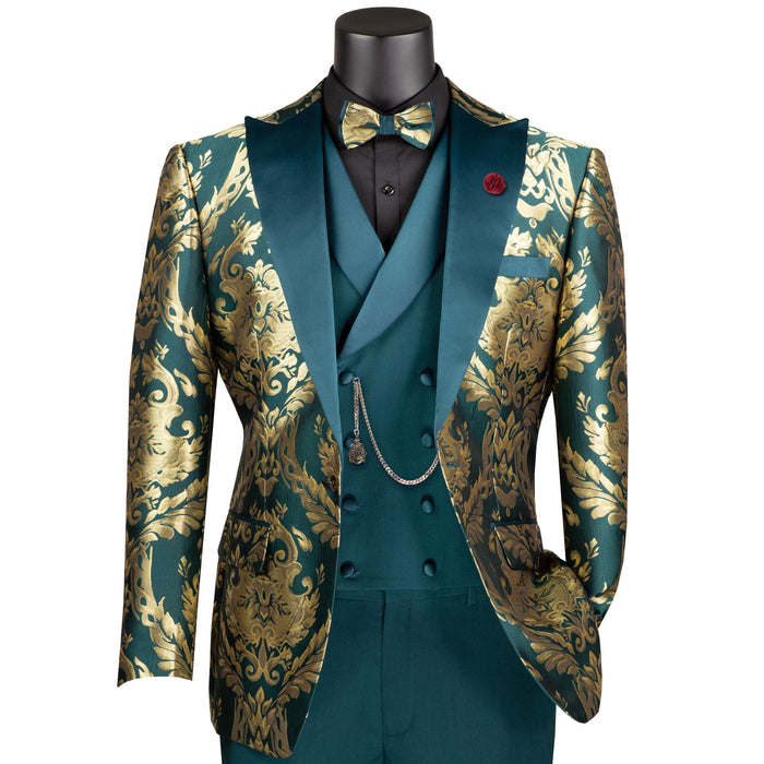 Jacquard Modern-Fit 3-Piece Tuxedo w/ Matching Bow-Tie in Emerald & Gold