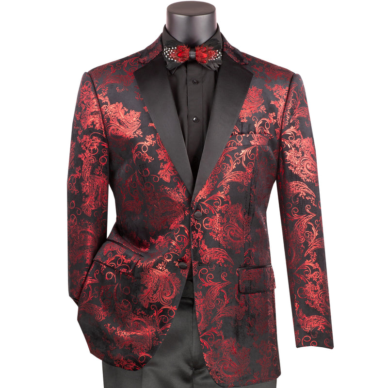 Paisley Embossed Modern-Fit Tuxedo Jacket in Red & Black