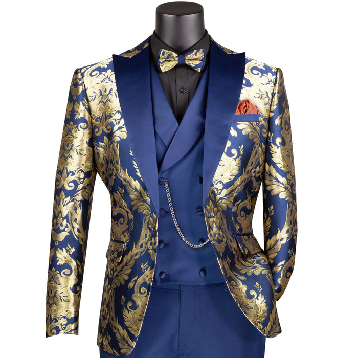 Jacquard Modern-Fit 3-Piece Tuxedo w/ Matching Bow-Tie in Navy & Gold