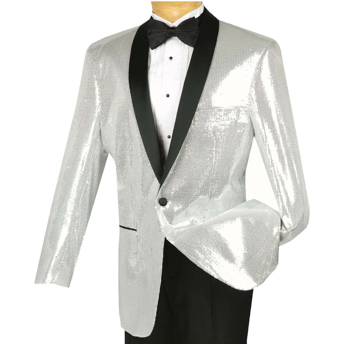 Sequins Disco Shawl-Collar Tuxedo Jacket in Silver