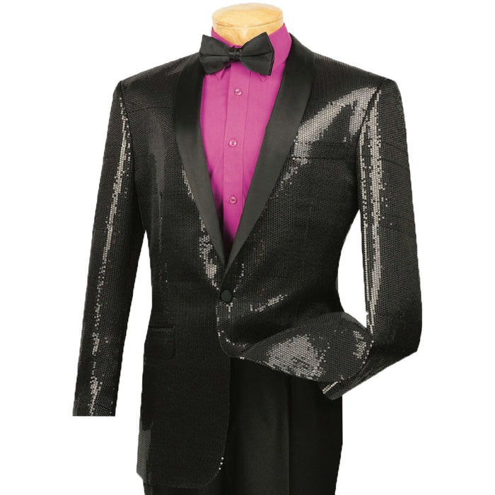 Sequins Disco Shawl-Collar Tuxedo Jacket in Black