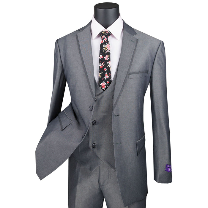 Birdseye 3-Piece Modern-Fit Suit w/ Contrast Trim in Charcoal Gray