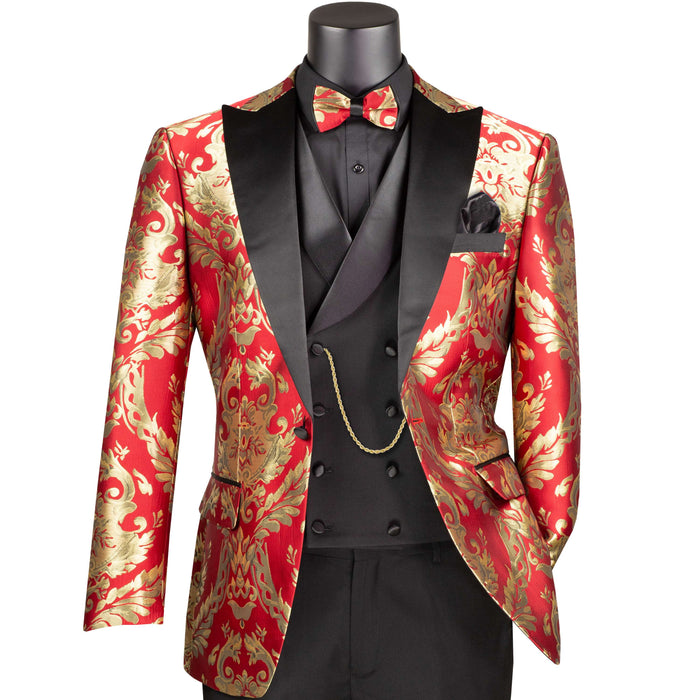 Jacquard Modern-Fit 3-Piece Tuxedo w/ Matching Bow-Tie in Red & Gold