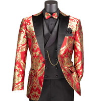 Jacquard Modern-Fit 3-Piece Tuxedo w/ Matching Bow-Tie in Red & Gold