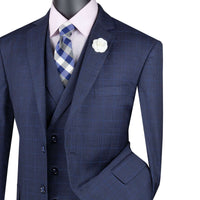 Glen Plaid 3-Piece Classic-Fit Suit in Navy Blue