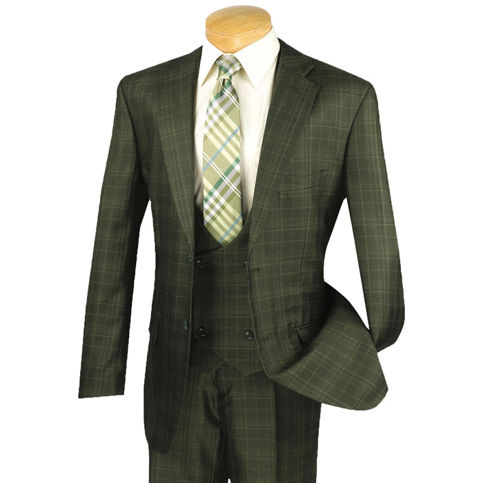 Sharkskin Glen Plaid 3-Piece Classic-Fit Suit in Olive Green