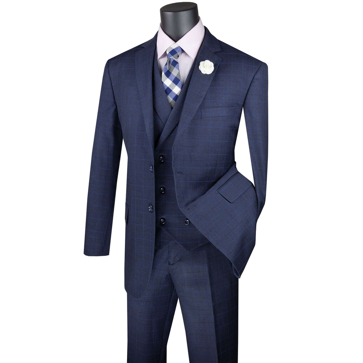 Glen Plaid 3-Piece Classic-Fit Suit in Navy Blue