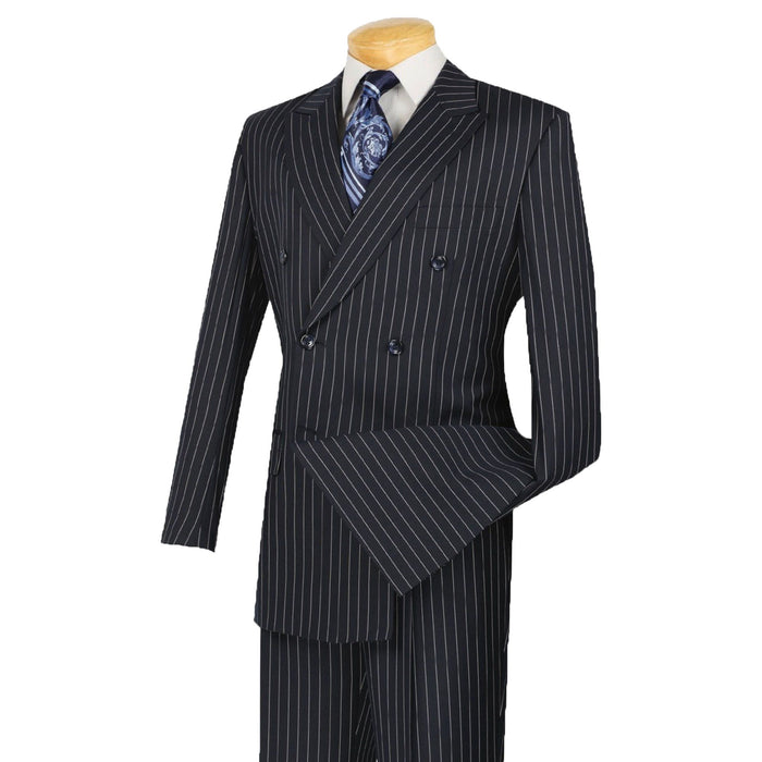 Gangster Pinstripe Double-Breasted Classic-Fit Suit in Navy Blue