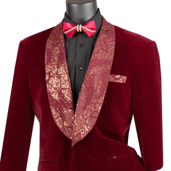 Velvet Blazer w/ Floral Shawl Collar & Cuff in Burgundy