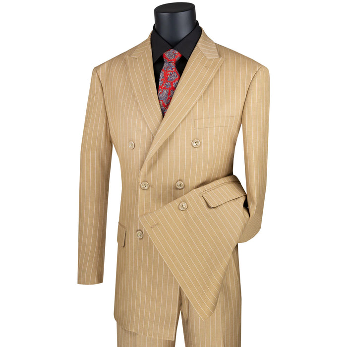 Gangster Pinstripe Double-Breasted Classic-Fit Suit in Camel Beige