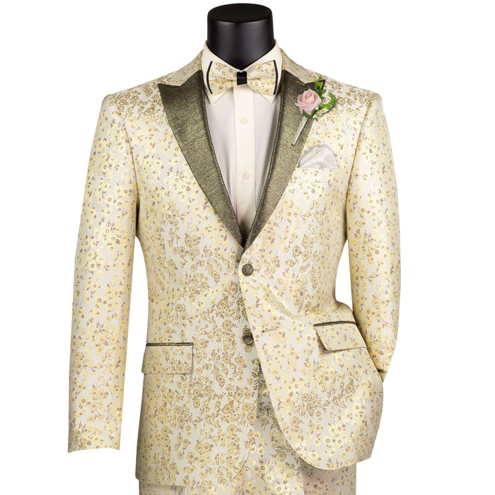 Jacquard Slim-Fit Tuxedo w/ Matching Bow-Tie in Champagne Beige