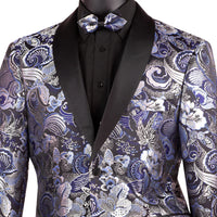 Floral Modern-Fit Shawl-Collar Metallic Tuxedo Jacket in Navy Blue