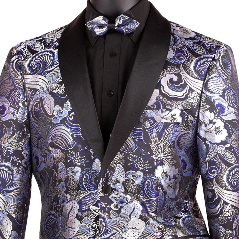 Floral Modern-Fit Shawl-Collar Metallic Tuxedo Jacket in Navy Blue