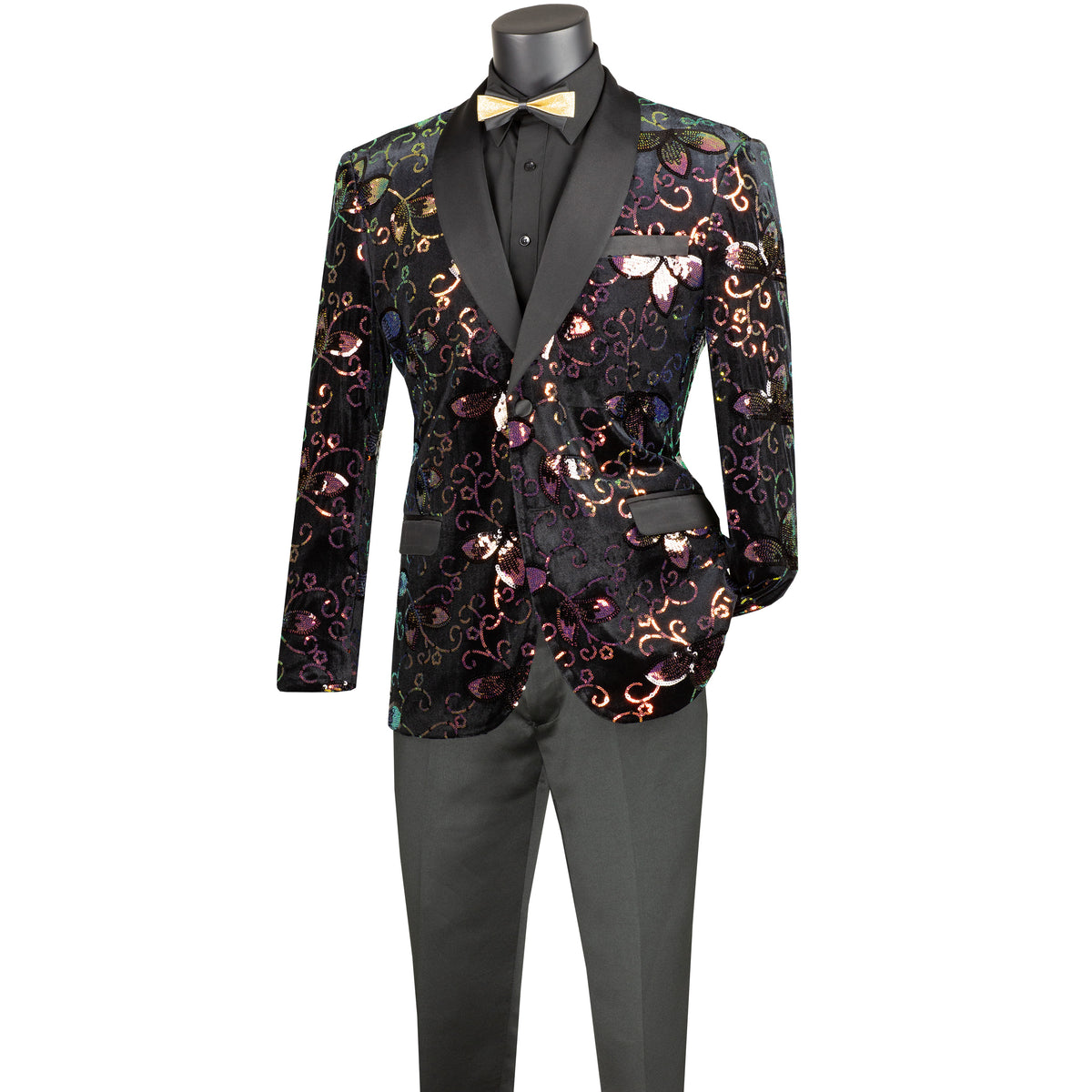 Floral Sequins Velvet Slim-Fit Tuxedo Jacket in Black