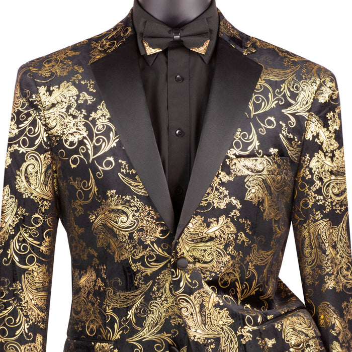 Paisley Embossed Modern-Fit Tuxedo Jacket in Gold & Black