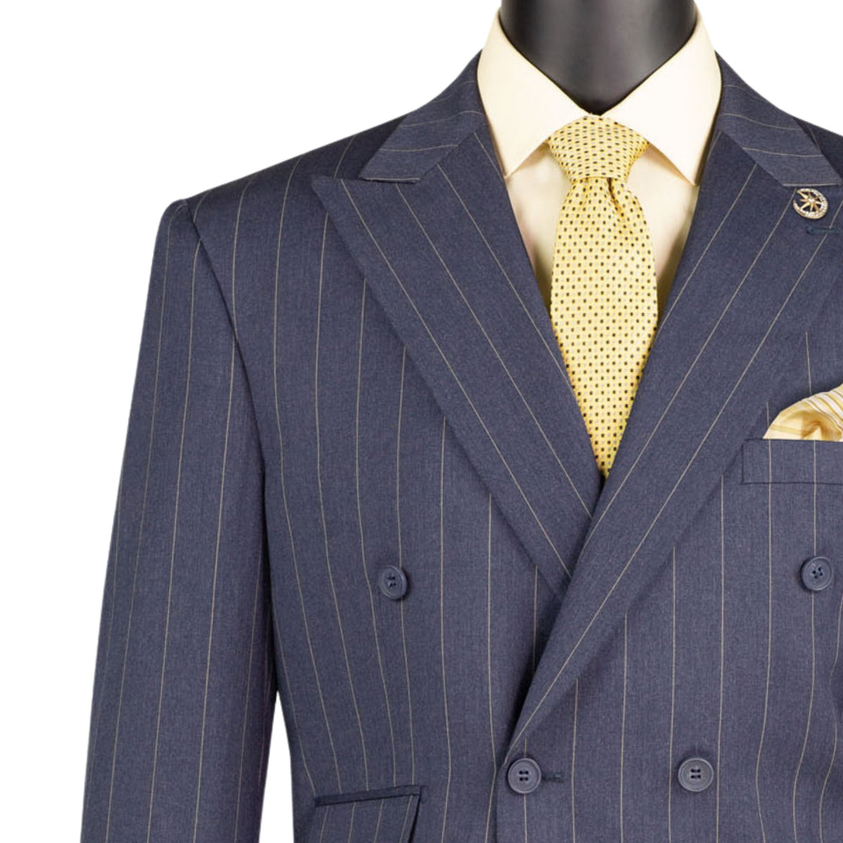 Wide Striped Double Breasted Regular Fit Suit w/ Adjustable Waistband in Denim Blue