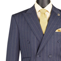 Wide Striped Double Breasted Regular Fit Suit w/ Adjustable Waistband in Denim Blue