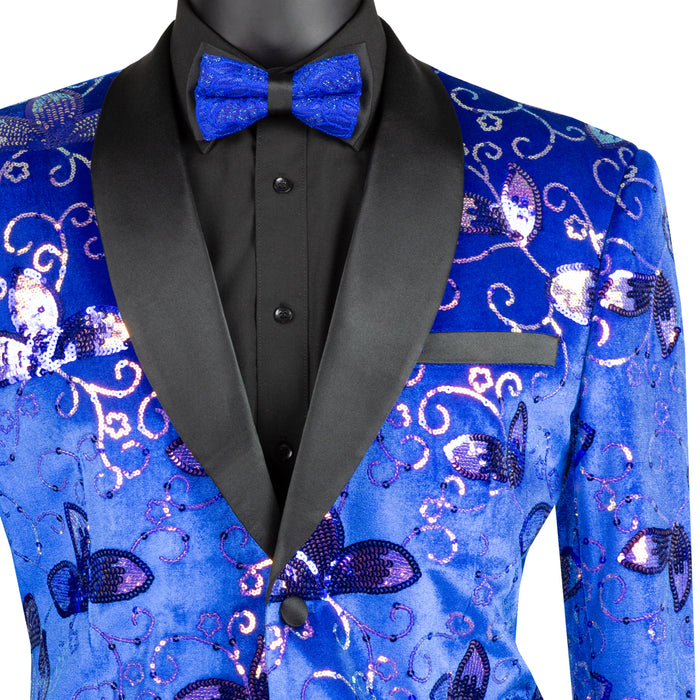 Floral Sequins Velvet Slim-Fit Tuxedo Jacket in Royal Blue