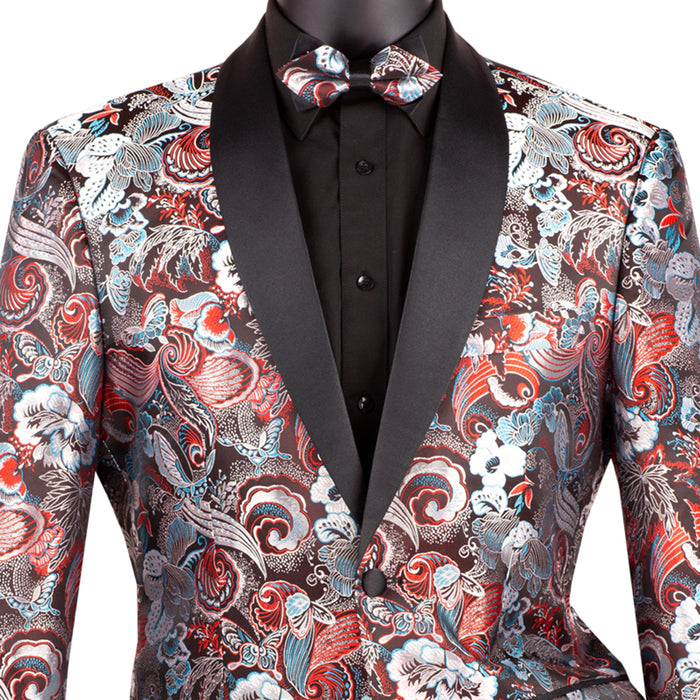 Floral Modern-Fit Shawl-Collar Metallic Tuxedo Jacket in Burgundy