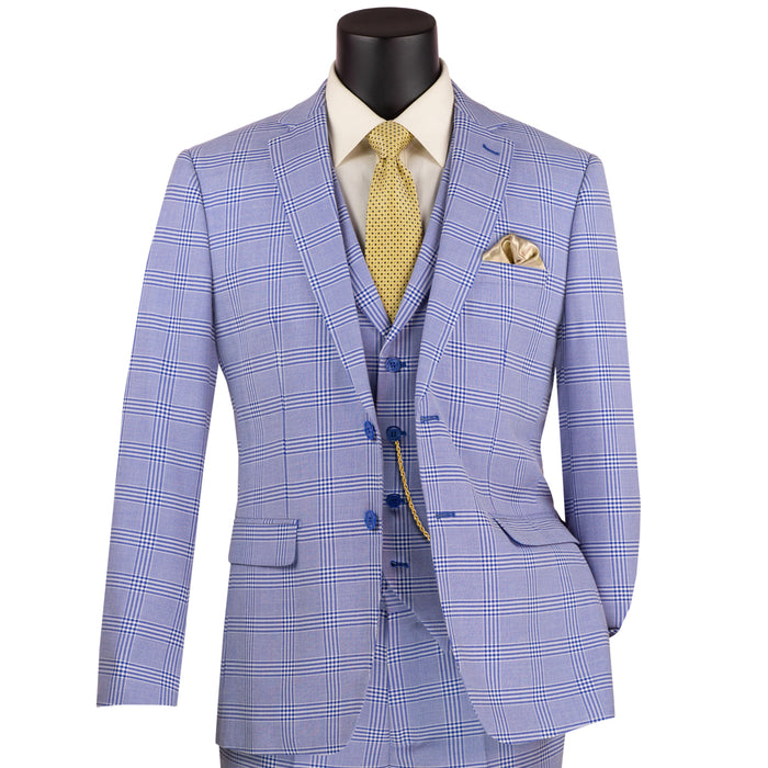 Windowpane Plaid 3-Piece Slim-Fit Suit in Sky Blue