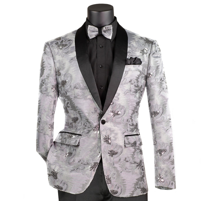 Paisley Embroidered Slim-Fit Blazer w/ Bow Tie in Silver