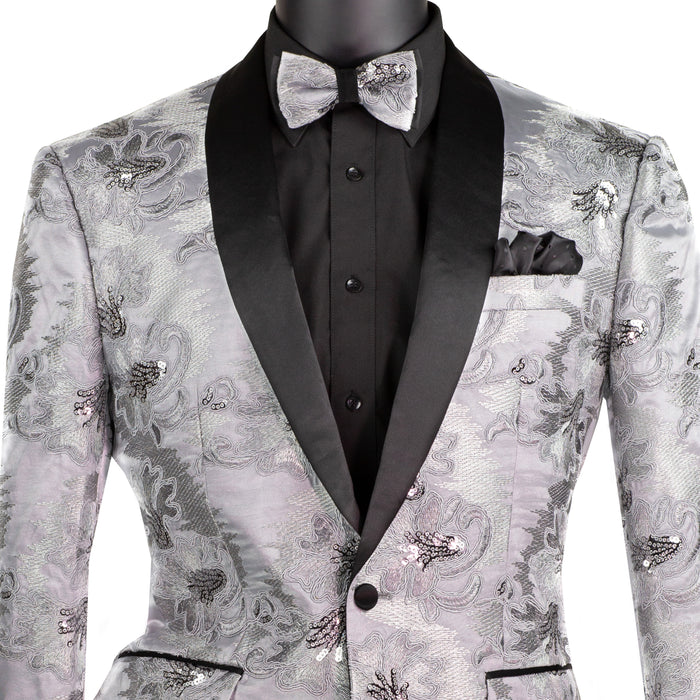 Paisley Embroidered Slim-Fit Blazer w/ Bow Tie in Silver
