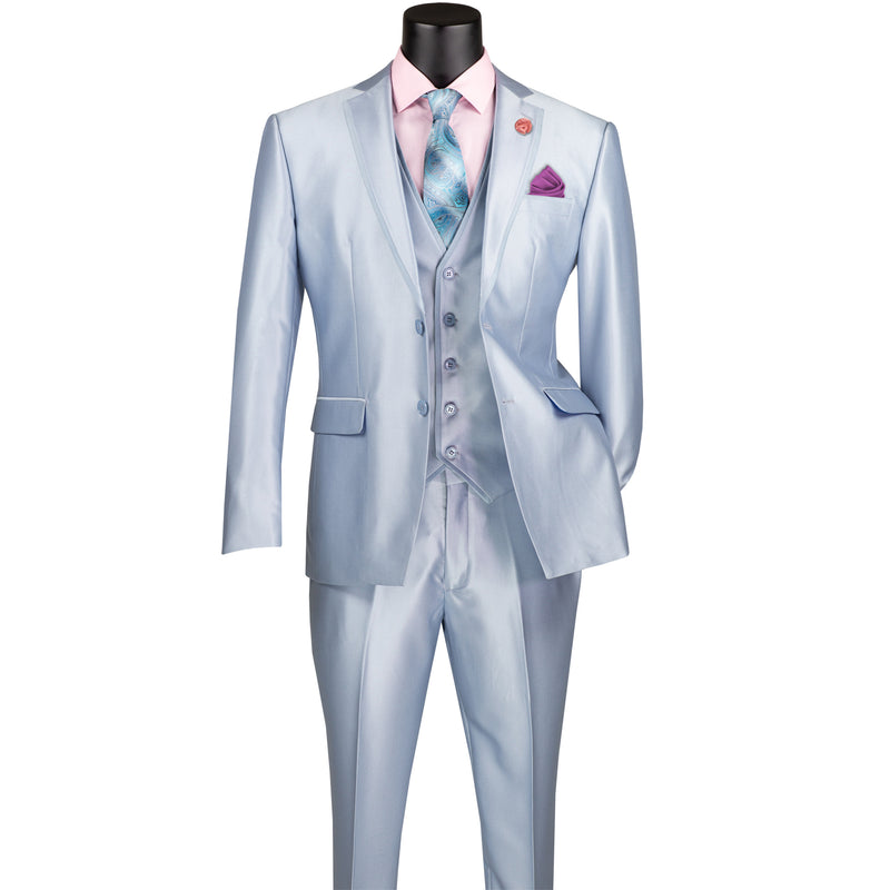 Satin 3-Piece 2-Button Slim-Fit Suit in Ice Blue