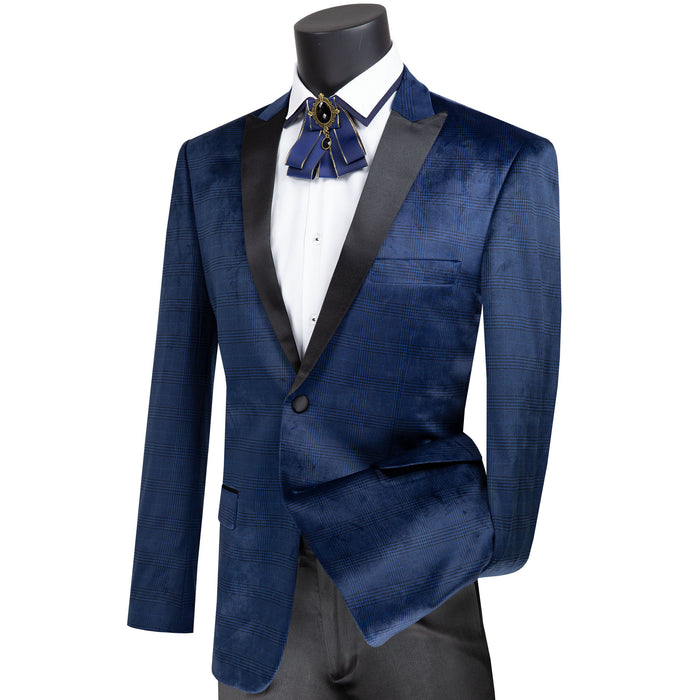 Glen Plaid Slim-Fit Velvet Tuxedo Jacket in Navy Blue