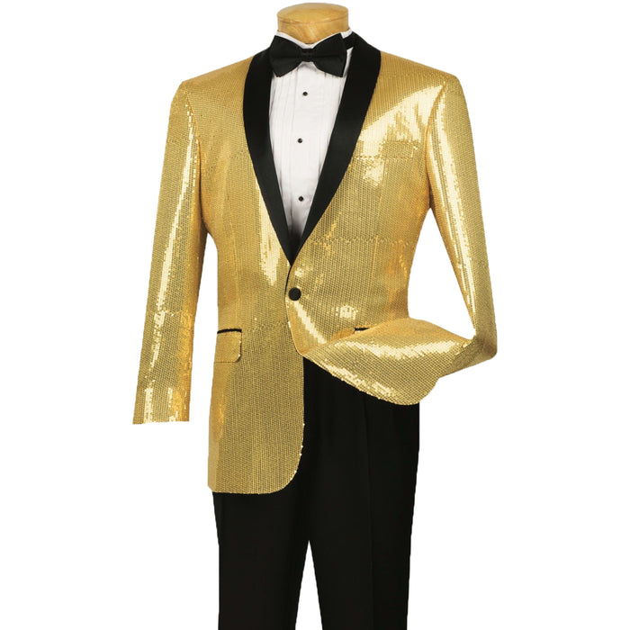 Sequins Disco Shawl-Collar Tuxedo Jacket in Gold