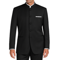 VINCI Men's Black 5-Button Classic-Fit Tuxedo with Banded Collar - NEW. Elegant Mandarin collar, fully lined jacket, and single-pleated pants ready for custom tailoring. Ideal for standout style at formal events. Available at Fashion House Inc. (FH Menswear)