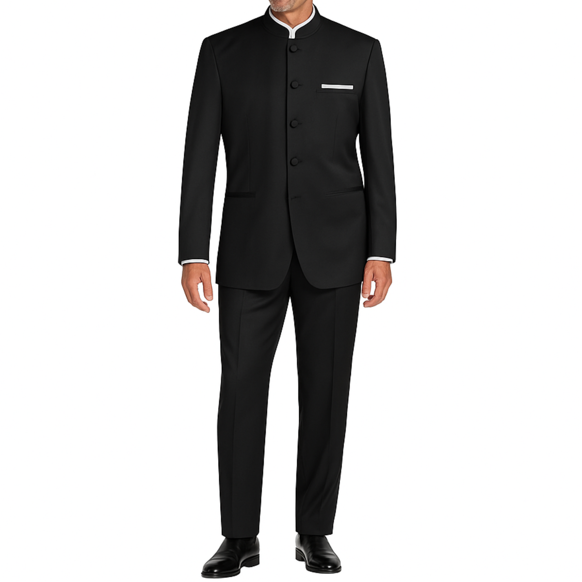 VINCI Men's Black 5-Button Classic-Fit Tuxedo with Banded Collar - NEW. Elegant Mandarin collar, fully lined jacket, and single-pleated pants ready for custom tailoring. Ideal for standout style at formal events. Available at Fashion House Inc. (FH Menswear)