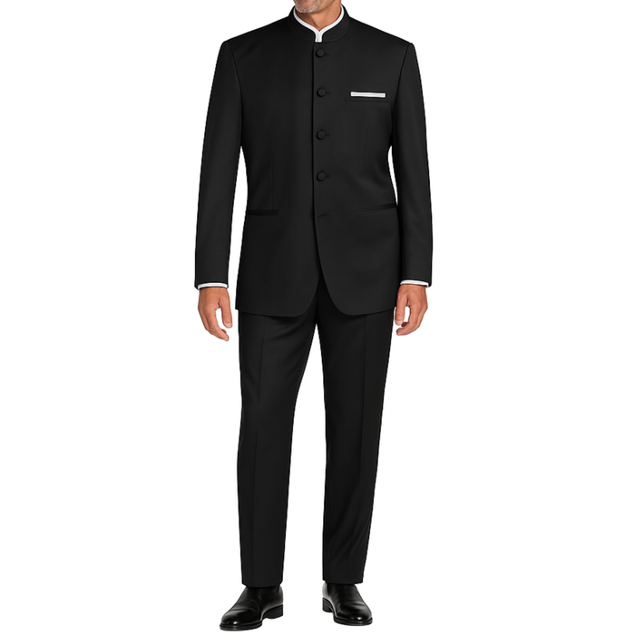 VINCI Men's Black 5-Button Classic-Fit Tuxedo with Banded Collar - NEW. Elegant Mandarin collar, fully lined jacket, and single-pleated pants ready for custom tailoring. Ideal for standout style at formal events. Available at Fashion House Inc. (FH Menswear)