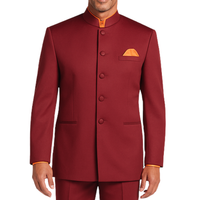 VINCI Men's Burgundy 5-Button Classic-Fit Tuxedo with Banded Collar - NEW. Elegant Mandarin collar, fully lined jacket, and single-pleated pants ready for custom tailoring. Ideal for standout style at formal events. Available at Fashion House Inc. (FH Menswear)