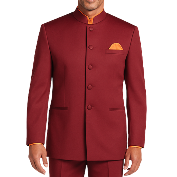 VINCI Men's Burgundy 5-Button Classic-Fit Tuxedo with Banded Collar - NEW. Elegant Mandarin collar, fully lined jacket, and single-pleated pants ready for custom tailoring. Ideal for standout style at formal events. Available at Fashion House Inc. (FH Menswear)