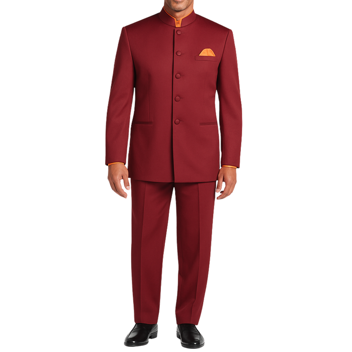 VINCI Men's Burgundy 5-Button Classic-Fit Tuxedo with Banded Collar - NEW. Elegant Mandarin collar, fully lined jacket, and single-pleated pants ready for custom tailoring. Ideal for standout style at formal events. Available at Fashion House Inc. (FH Menswear)