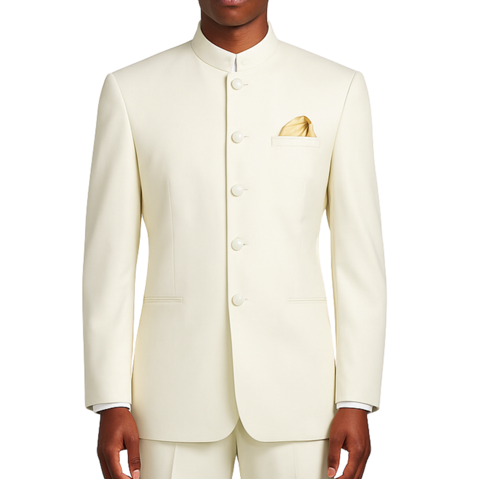 VINCI Men's Ivory 5-Button Classic-Fit Tuxedo with Banded Collar - NEW. Elegant Mandarin collar, fully lined jacket, and single-pleated pants ready for custom tailoring. Ideal for standout style at formal events. Available at Fashion House Inc. (FH Menswear)