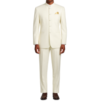 VINCI Men's Ivory 5-Button Classic-Fit Tuxedo with Banded Collar - NEW. Elegant Mandarin collar, fully lined jacket, and single-pleated pants ready for custom tailoring. Ideal for standout style at formal events. Available at Fashion House Inc. (FH Menswear)