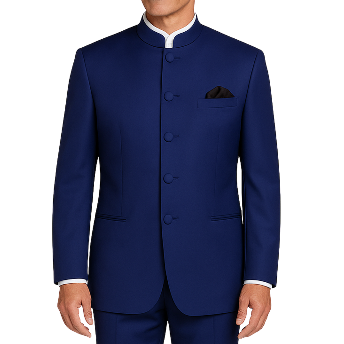 VINCI Men's Navy Blue 5-Button Classic-Fit Tuxedo with Banded Collar - NEW. Elegant Mandarin collar, fully lined jacket, and single-pleated pants ready for custom tailoring. Ideal for standout style at formal events. Available at Fashion House Inc. (FH Menswear)