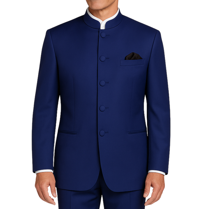VINCI Men's Navy Blue 5-Button Classic-Fit Tuxedo with Banded Collar - NEW. Elegant Mandarin collar, fully lined jacket, and single-pleated pants ready for custom tailoring. Ideal for standout style at formal events. Available at Fashion House Inc. (FH Menswear)