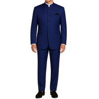 VINCI Men's Navy Blue 5-Button Classic-Fit Tuxedo with Banded Collar - NEW. Elegant Mandarin collar, fully lined jacket, and single-pleated pants ready for custom tailoring. Ideal for standout style at formal events. Available at Fashion House Inc. (FH Menswear)