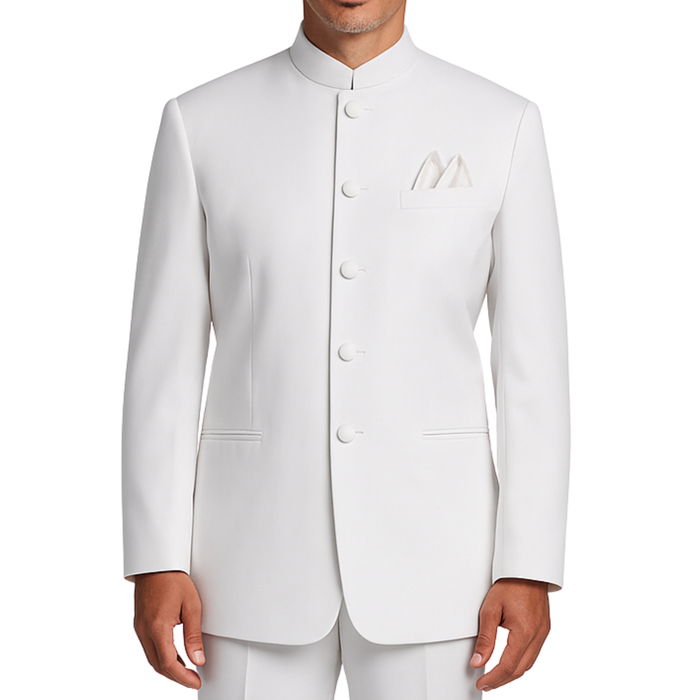 VINCI Men's White 5-Button Classic-Fit Tuxedo with Banded Collar - NEW. Elegant Mandarin collar, fully lined jacket, and single-pleated pants ready for custom tailoring. Ideal for standout style at formal events. Available at Fashion House Inc. (FH Menswear)
