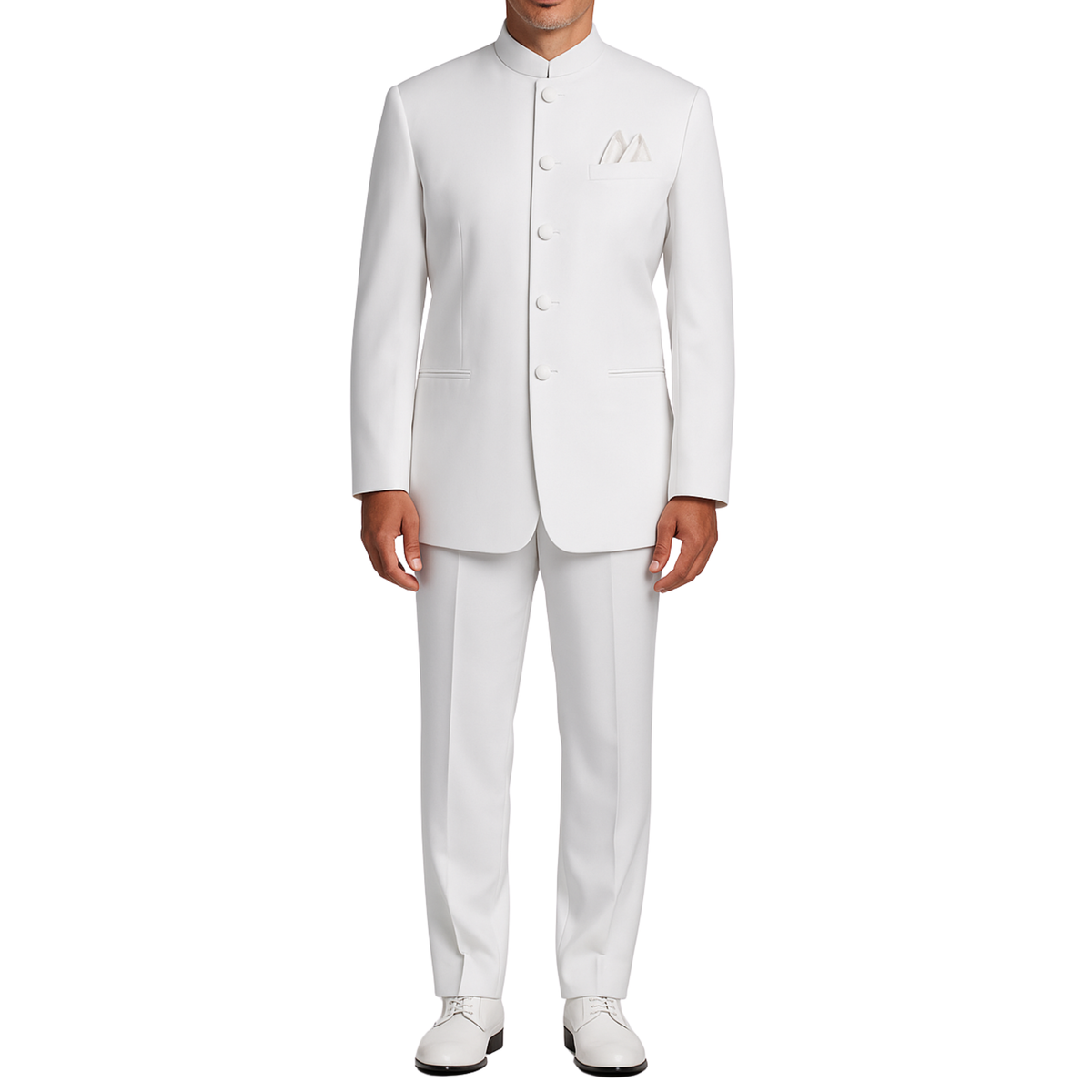 VINCI Men's White 5-Button Classic-Fit Tuxedo with Banded Collar - NEW. Elegant Mandarin collar, fully lined jacket, and single-pleated pants ready for custom tailoring. Ideal for standout style at formal events. Available at Fashion House Inc. (FH Menswear)