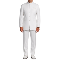 VINCI Men's White 5-Button Classic-Fit Tuxedo with Banded Collar - NEW. Elegant Mandarin collar, fully lined jacket, and single-pleated pants ready for custom tailoring. Ideal for standout style at formal events. Available at Fashion House Inc. (FH Menswear)